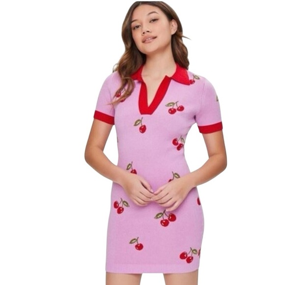 Forever 21 Dresses & Skirts - Forever 21 Cherry Short Sleeve Tennis Prep Sweater Dress Pink Red Size M